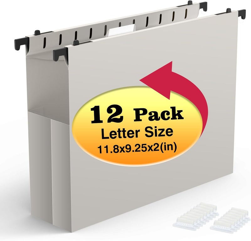 SHUTEX Extra Capacity Plastic Hanging File Folders,12 Pack Reinforced Expanding Hang Folder Letter Size,Accordian Pocket,Heavy Duty 2 Inch Expansion, Hard Hanging Folder Organizer for Office Home,Grey - Image 1
